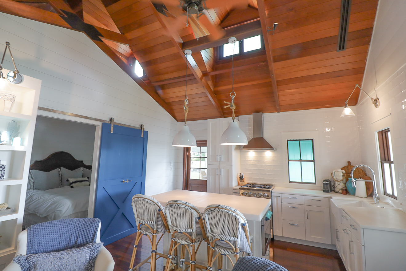 Cottage One kitchen with vaulted cedar ceiling