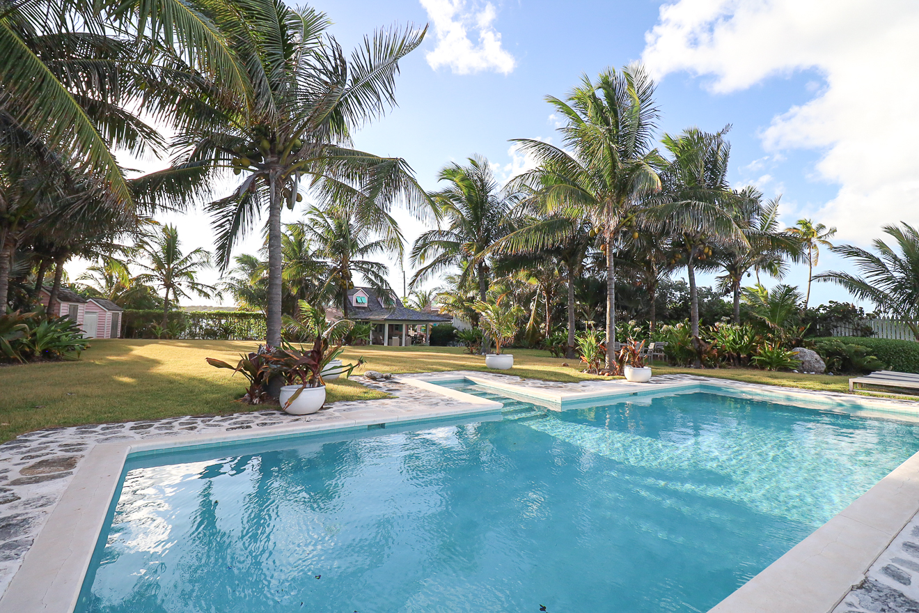 Crystal-clear pool water with palm trees and cottage in the background