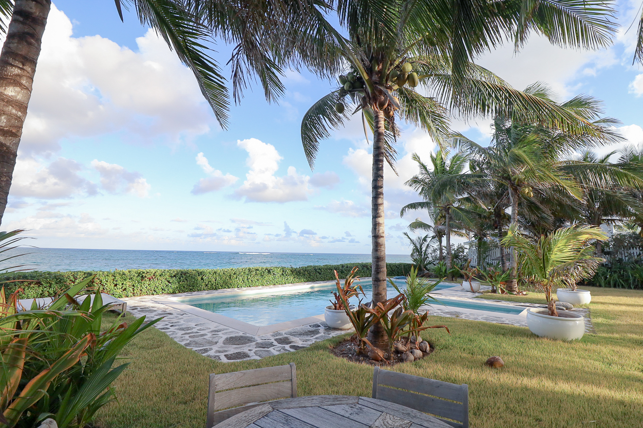 Pool area with lush palm garden and ocean views