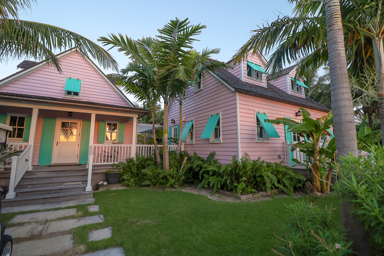 Both cottages from the garden with stepping-stone path and tropical planting